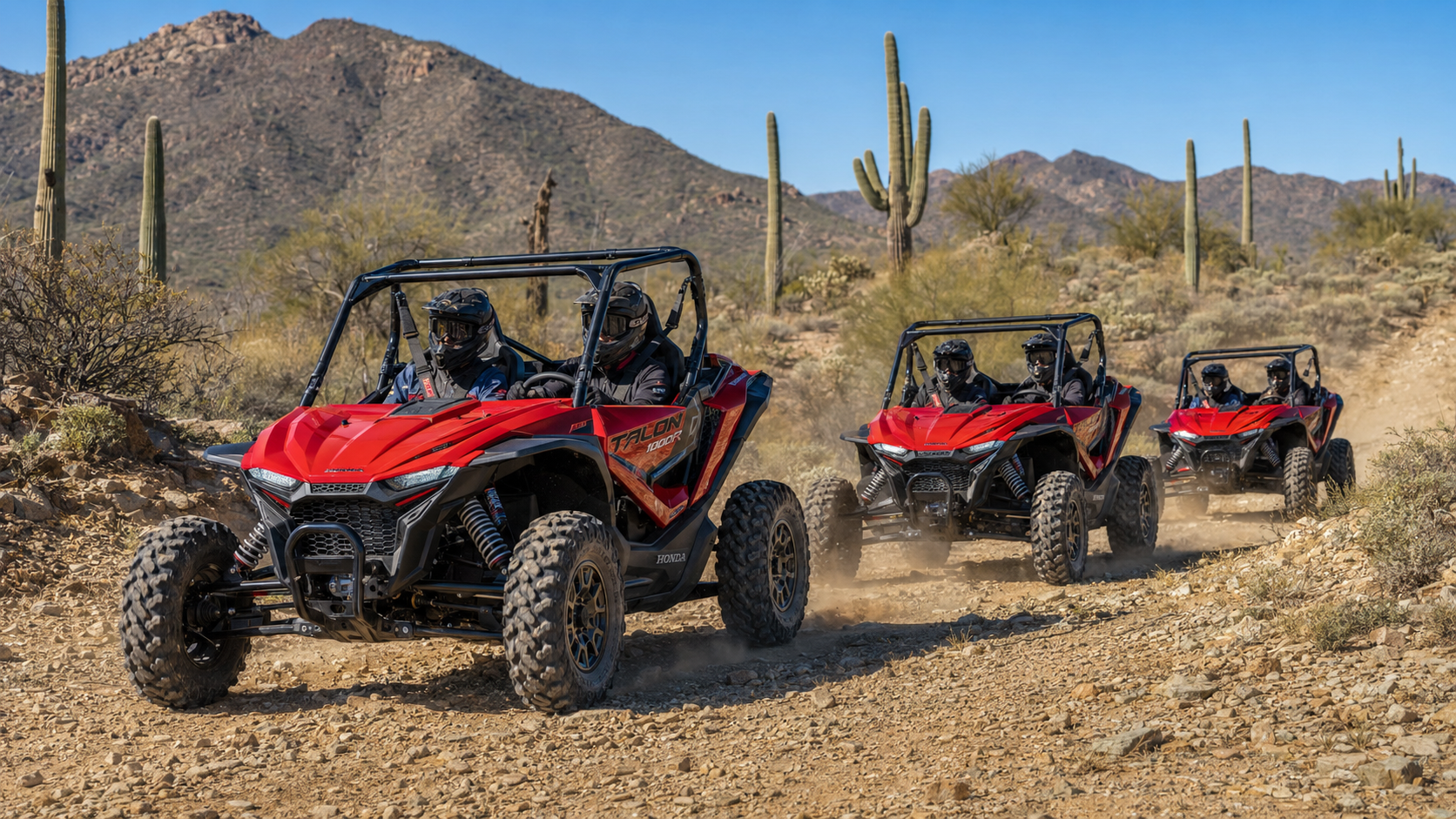 A guided group of UTV riders traveling on an Arizona desert trail