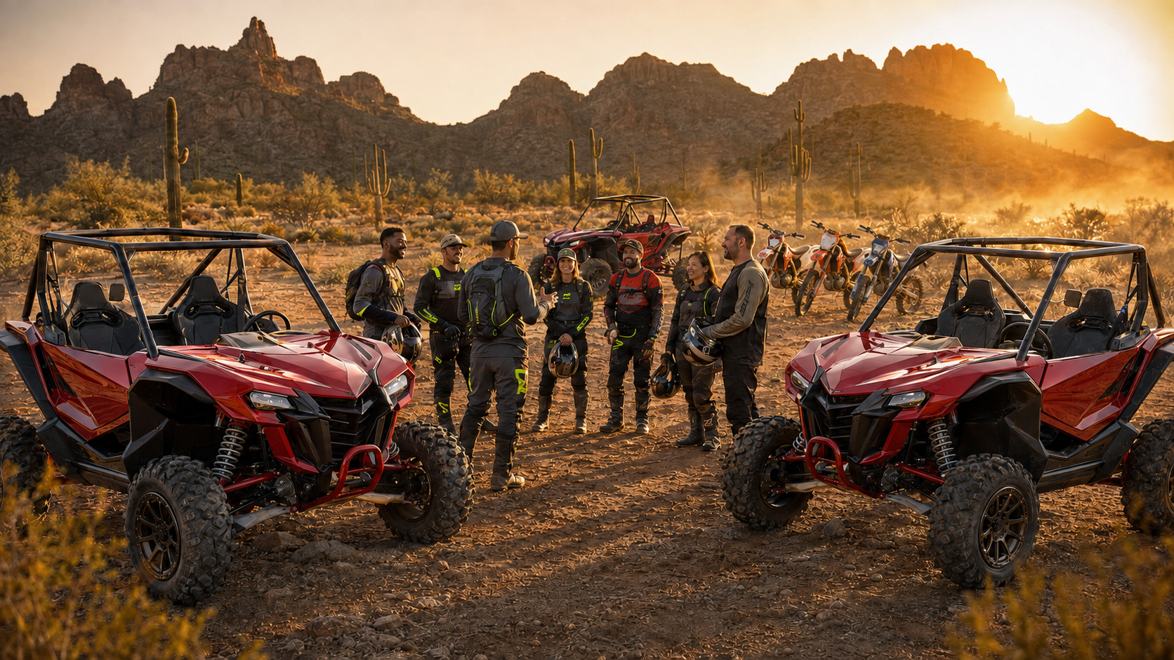 Wikki Traxx riders gathering with UTVs and dirt bikes for an organized desert event at sunset